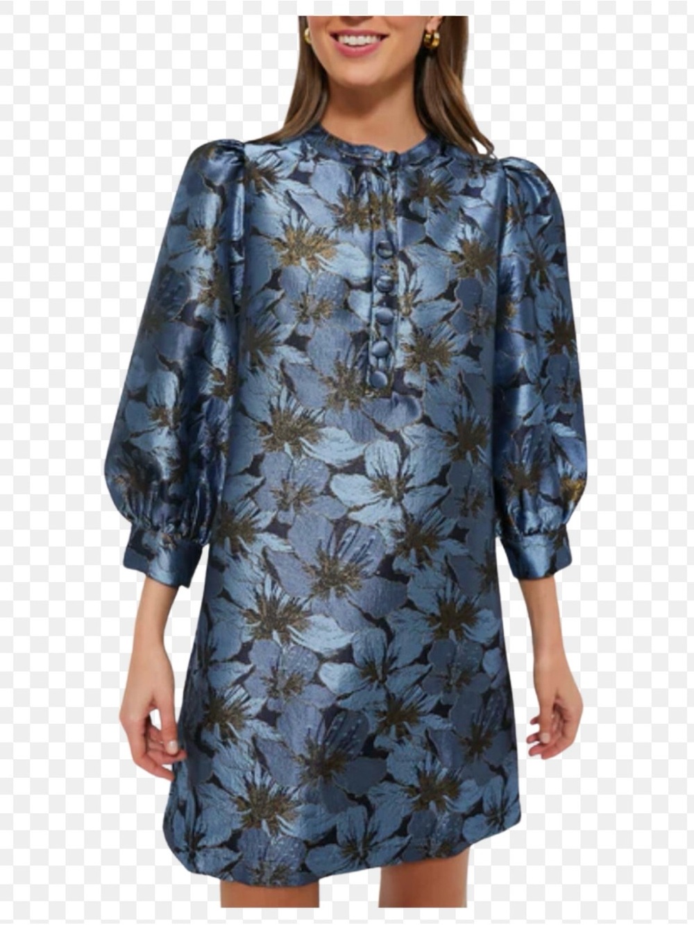 Tuckernuck Pompander Blue and Gold Floral Jacquard Mini Dress - Picture 2 of 4